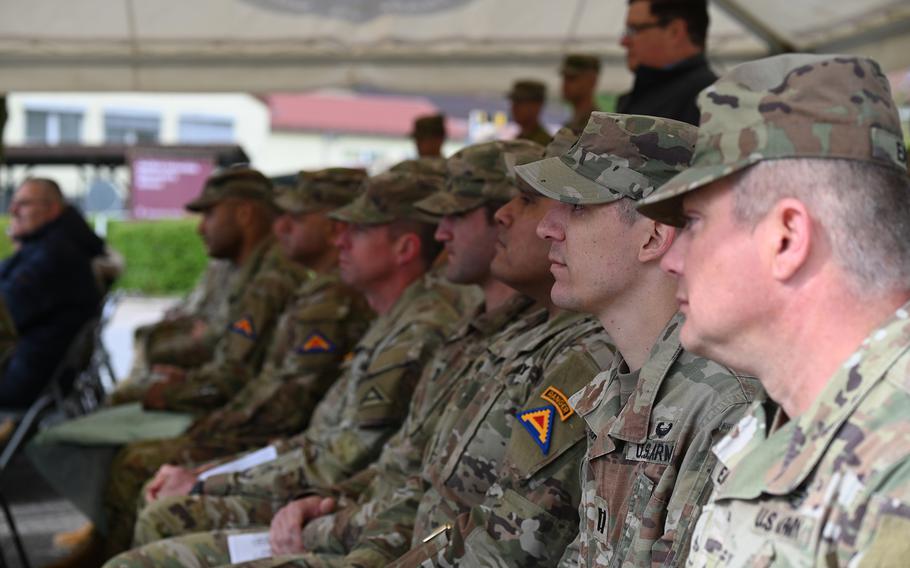 Solders attached to 7th Army Training Command attend a street renaming ceremony for Army Maj. Brian Mescall at Hohenfels Training Area, Germany, on Thursday, April 18, 2024. 