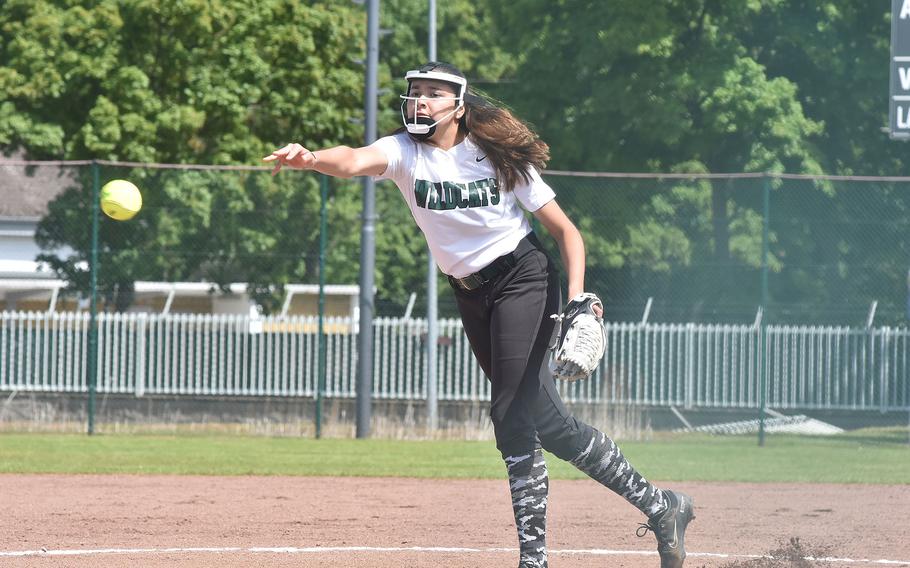 Naples' Jeweliana Martinez sends the ball to the plate on Friday, May 19, 2023, in the DODEA-Europe Division II/III softball championships in Kaiserslautern, Germany.