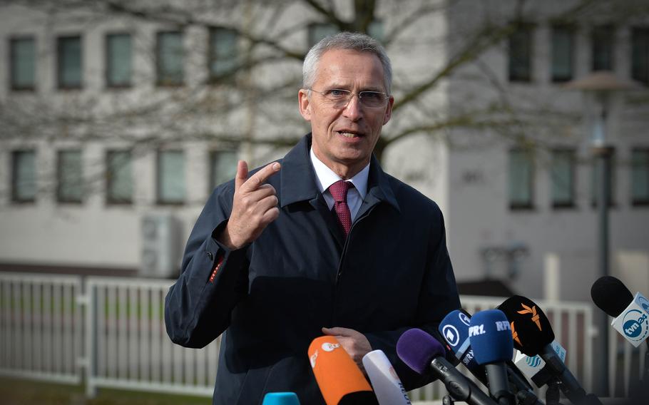 NATO Secretary-General Jens Stoltenberg gives opening remarks on military cooperation during the Ukraine Defense Contact Group meeting April 21, 2023, at Ramstein Air Base in Germany. Stoltenberg said that while alliance members generally agree on NATO membership, the fight against Russian aggression first has to be won on the battlefield.