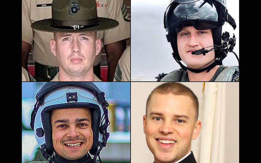 Clockwise from the top left: Gunnery Sgt. James W. Speedy, Cpl. Jacob M. Moore and Capt. Matthew J. Tomkiewicz and Capt. Ross A. Reynolds died in the crash of a MV-22B Osprey in northern Norway, March 18, 2022. 