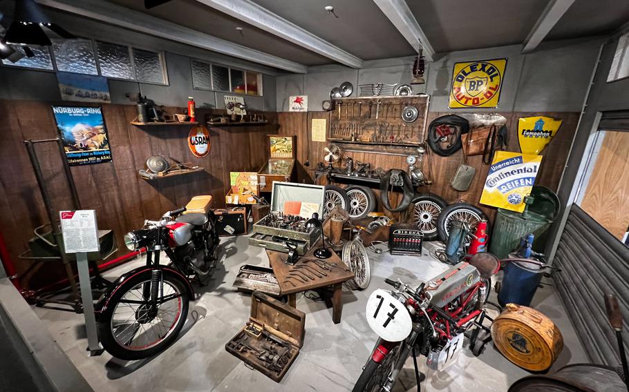 A motorcycle mechanic shop from the early days of racing, displayed at the Ringwerk Experience in Nuerburg, Germany, Jan 15, 2022. 
