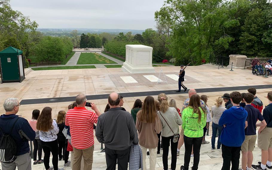 Veterans visit Arlington National Cemetery in Virginia on April 26, 2022. About 98 veterans from Eastern Washington and North Idaho made a two-day trip to war memorials in D.C. and Virginia organized by Inland Northwest Honor Flight.