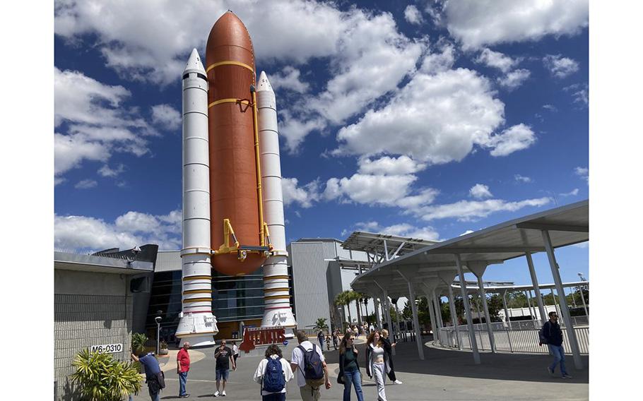 Life-size reproductions of the rocket boosters and external fuel tank that powered space shuttle Atlantis, at the Kennedy Space Center Visitor Complex in Florida.