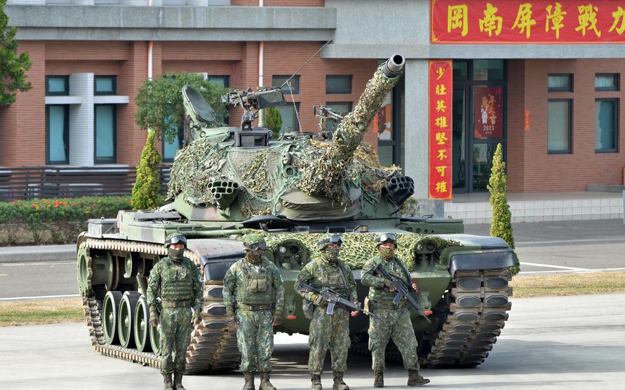 Members of Taiwan’s 564th Armored Brigade stand by after demonstrating their ability to repel an airborne attack near Kaohsiung, Taiwan, Jan. 11, 2023. 