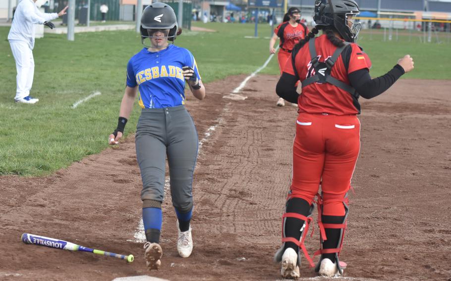 Wiesbaden team captain Delaney Hodges scores a run during the season opener against Kaiserslautern on March 16, 2024, in Wiesbaden, Germany.