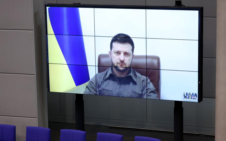 Volodymyr Zelensky, Ukraine's president, via video link at the Bundestag in Berlin on March 17, 2022. MUST CREDIT: Bloomberg photo by Liesa Koppitz-Johanssen.