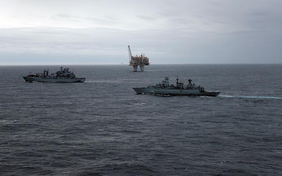 The German task force supply ship Berlin and the frigate Schleswig-Holstein cruise off the coast of Norway in November 2022. The German navy monitors the sea area of NATO's northern flank to protect critical maritime infrastructure there.