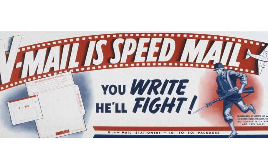 A banner that says “V-Mail is Speed Mail” and “You Write He’ll Fight”
