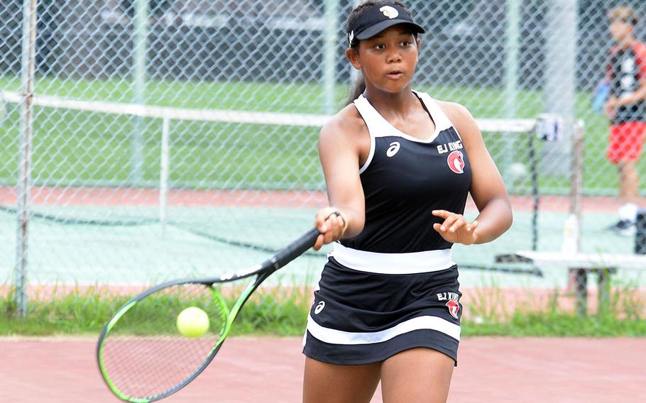 E.J. King sophomore Moa Best hits a forehand return during Saturday's DODEA-Japan matches at Yokota. Best beat Arisa Souza 6-3.