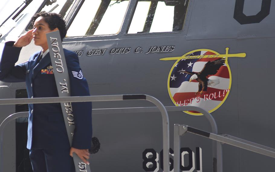 Staff Sgt. Francina Matos of the 86th Aircraft Maintenance Squadron changes out the name on the new wing commander’s C-130 at Ramstein Air Base, Germany. Brig. Gen. Otis C. Jones took command of the 86th Airlift Wing at a ceremony on Friday, July 15, 2022.