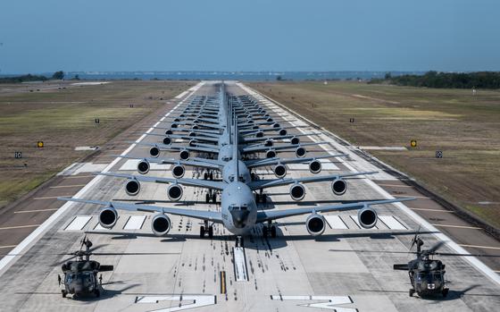 Eighteen U.S. Air Force KC-135 Stratotankers assigned to the 6th and 927th Air Refueling Wings, and two U.S. Army UH-60 Black Hawks assigned to the 5th Battalion, 159th Regiment, participate in Operation Violent Storm at MacDill Air Force Base, Fla., April 26, 2023.
