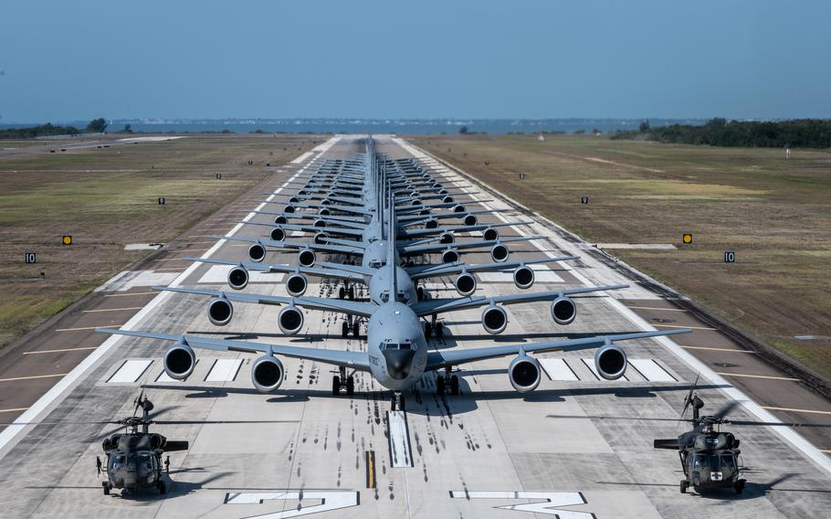Eighteen U.S. Air Force KC-135 Stratotankers assigned to the 6th and 927th Air Refueling Wings, and two U.S. Army UH-60 Black Hawks assigned to the 5th Battalion, 159th Regiment, participate in Operation Violent Storm at MacDill Air Force Base, Fla., April 26, 2023.