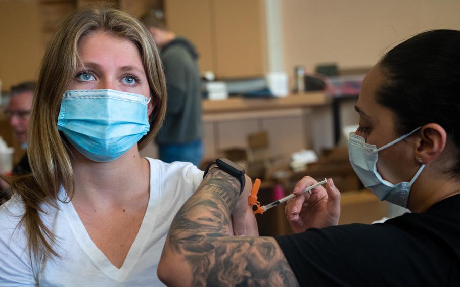 Lauren Tierney, 16, receives the COVID-19 vaccine at Patch Barracks near Stuttgart, Germany, on May 22, 2021. U.S. military bases in Europe will soon offer coronavirus shots to children ages 5 to 11.