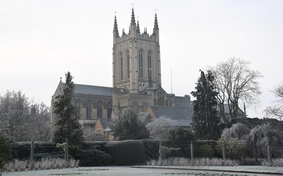 The Saint Edmundsbury Cathedral as seen from the main pathway of the Abbey Gardens, December 13, 2022. The 14-acre park has won numerous awards, including the Green Flag award for a rose garden that is on full display in the spring and summer.

 