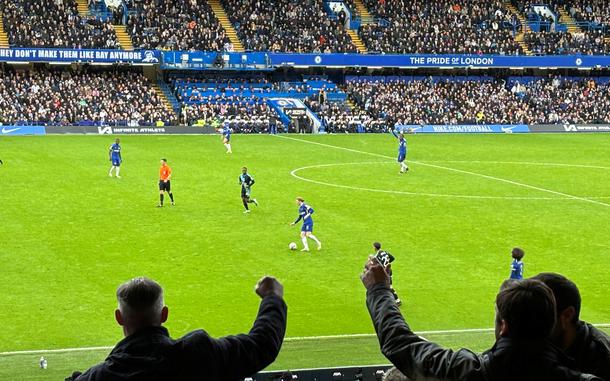 Chelsea fans cheer on their team against Leicester City in the FA Cup quarterfinal at Stamford Bridge in London, England, on March 17, 2024.