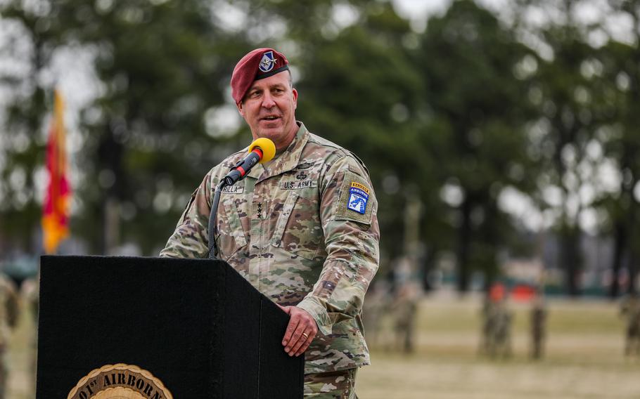 Lt. Gen. Michael “Erik” Kurilla, commander of the XVIII Airborne Corps, gives a speech at the 101st Airborne Division change of command March 5, 2021 at the division parade field at Fort Campbell, Ky.