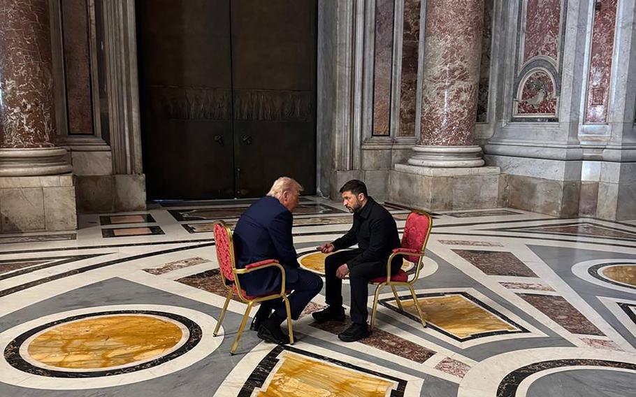 Ukraine’s President Volodymyr Zelenskyy, right, and President Donald Trump, talk as they attend the funeral of Pope Francis in Vatican, Saturday, April 26, 2025.