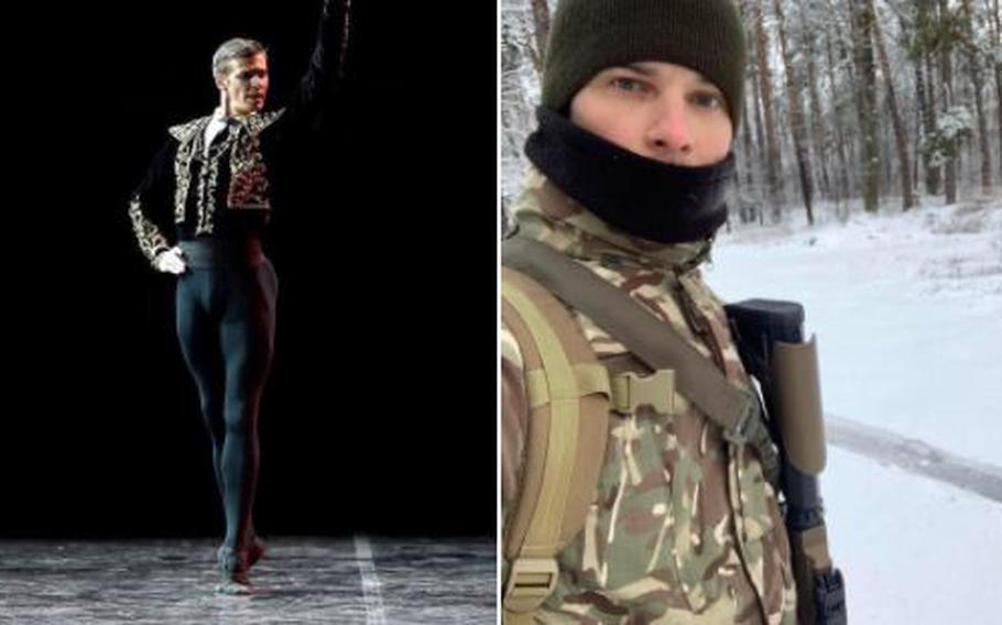 Side-by-side photos of Ukrainian dancer Oleksii Potiomkin capture the stark irony of his life. In one shot, he’s an elegant ballet prince, snapped midair in a magnificent leap. In the other, he’s standing in the snow, wearing military fatigues and carrying a weapon.