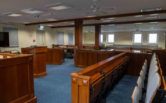 The 52nd Fighter Wing trial courtroom at Spangdahlem Air Base, Germany, May 6, 2024. Staff Sgt. Rebecca Wright pleaded guilty in a summary court-martial at Spangdahlem on April 28, 2025, to one count of negligent homicide. She was accused of killing a cyclist in the Netherlands in 2023.