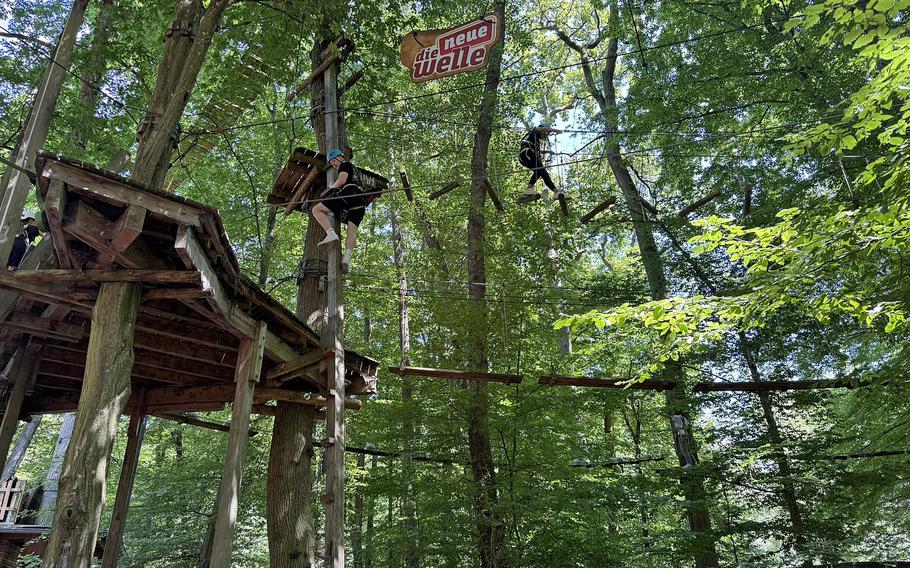 Climbers on a rope bridge between trees in a forest.