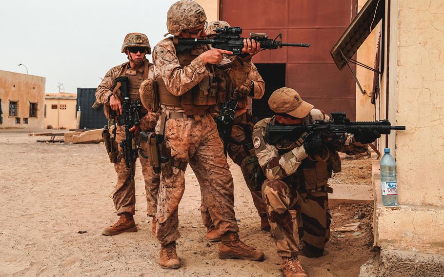 U.S. Marines with Fleet Anti-terrorism Security Company, Europe and French soldiers train together in Timbuktu, Mali, in April 2021.