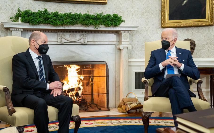 President Joe Biden meets with Chancellor Olaf Scholz of Germany during his visit to the White House on February 2, 2022. 