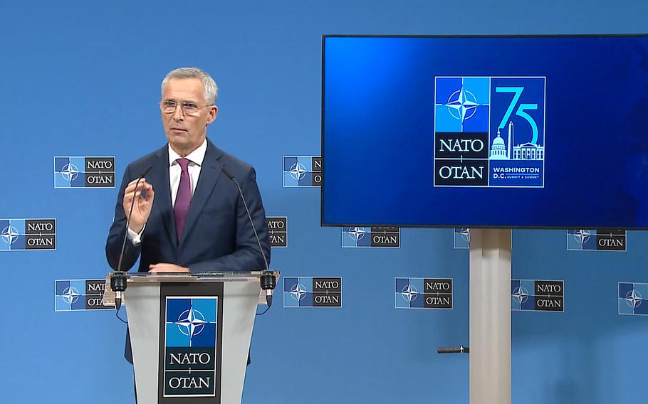 NATO Secretary-General Jens Stoltenberg answers a question about the alliance’s upcoming summit in Washington, D.C. NATO will mark its 75th anniversary at the summit, but the focus will be on its future.