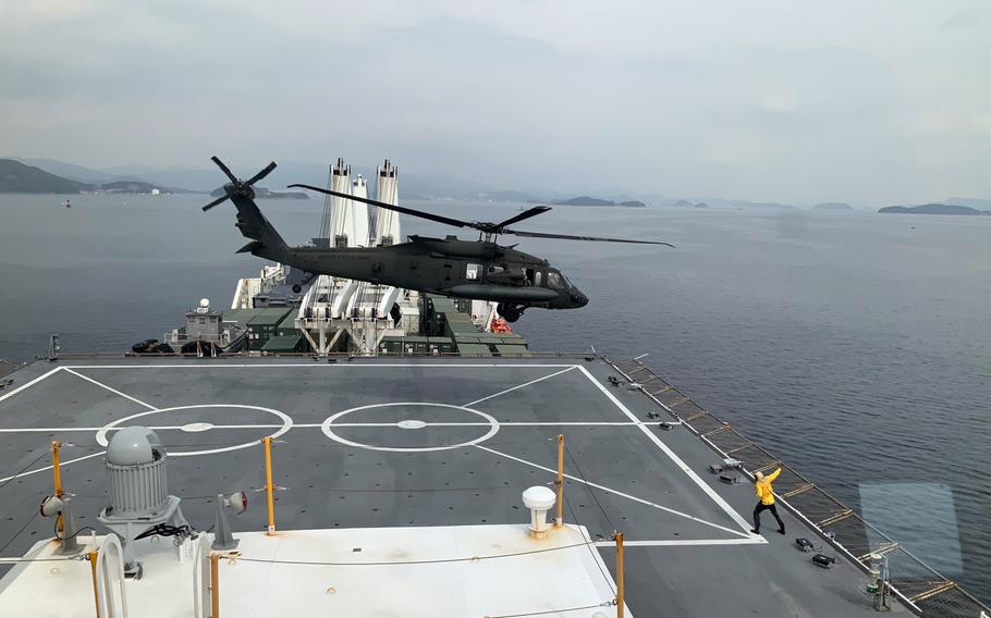 A U.S. Army UH-60M Black Hawk takes off from the USNS Dahl off South Korea's southern coast, March 7, 2024. 