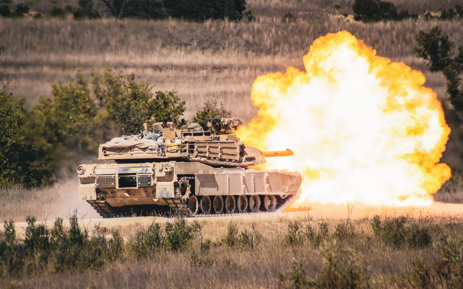 An M1A2 SEPv3 Abrams Main Battle Tank with Berserker Company, 1st Battalion 9th Cavalry Regiment, 2 Armored Brigade Combat Team, 1st Cavalry Division engages a target at Fort Hood, Texas, on Oct. 3, 2022.