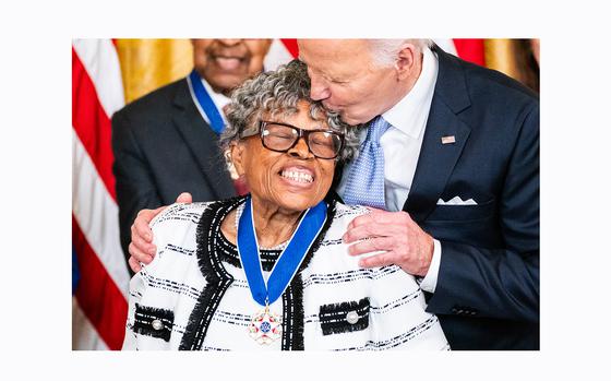 Opal Lee, who is known as the “Grandmother of Juneteenth” for her efforts to establish the federal holiday, basks in the moment after receiving the honor from President Biden. (MUST CREDIT: Demetrius Freeman/The Washington Post)
