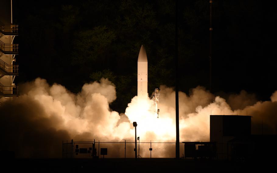 This photo provided by the Navy shows a common hypersonic glide body launching from the Pacific Missile Range Facility in Kauai, Hawaii, on March 19, 2020, during a Defense Department flight experiment. The department is working in collaboration with industry and academia to field hypersonic warfighting capabilities. 
