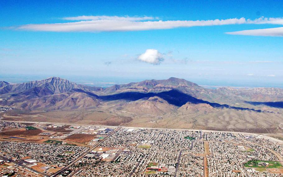 An aerial view of Castner Range as it connects to the city of El Paso, Texas. The range is a noncontiguous piece of Fort Bliss that was last used by the Army as a firing range in 1966. 
