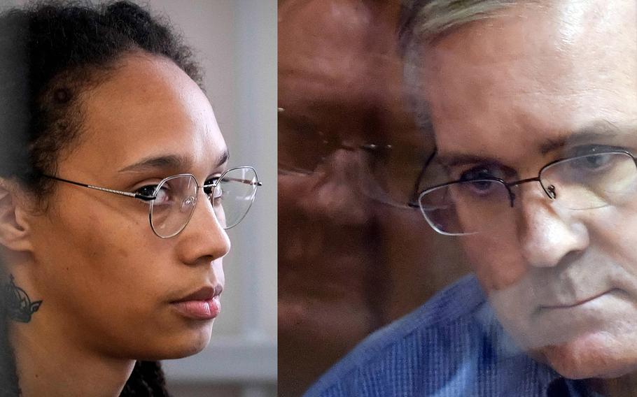 At left, U.S. WNBA basketball superstar Brittney Griner sits inside a defendants’ cage before a hearing at the Khimki Court, outside Moscow on July 27, 2022. At right, Paul Whelan, a former U.S. Marine accused of espionage and arrested in Russia, listens to his lawyers while standing inside a defendants’ cage in a Moscow courtroom during a hearing on Jan. 22, 2019.