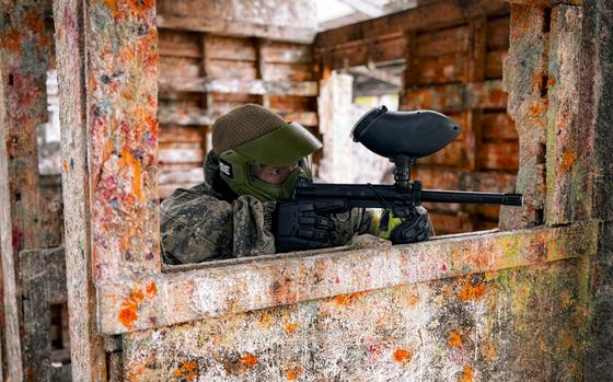 A competitor gets ready to play capture the flag at the Paintball Arena in Cheb, Czech Republic.