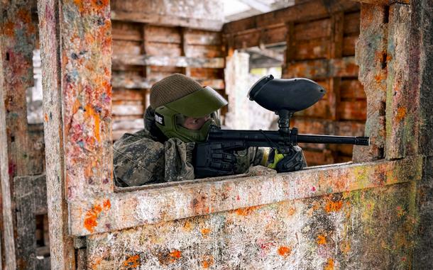 A competitor gets ready to play capture the flag at the Paintball Arena in Cheb, Czech Republic.