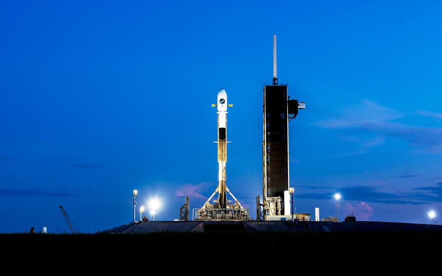 A spacecraft prepares to launch.