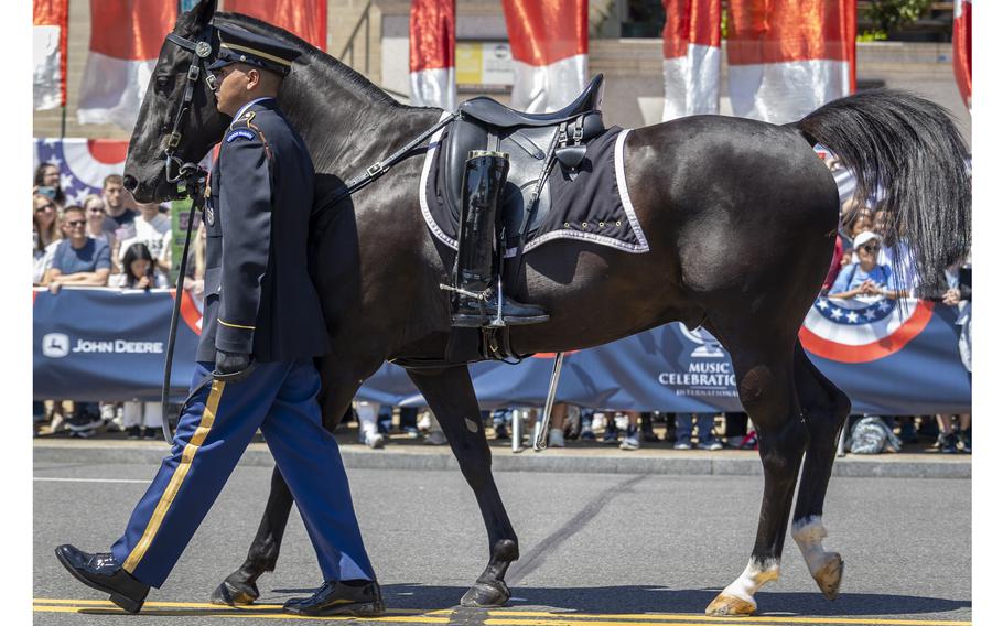 A soldier leads the riderless horse.