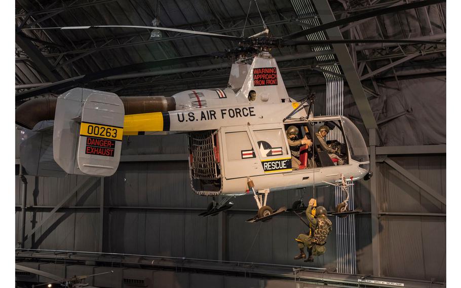 The HH-43B on display established seven world records in 1961-1962 for helicopters in its class for rate of climb, altitude, and distance traveled. 