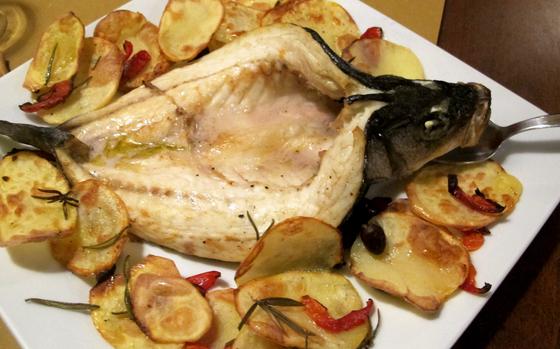 A whole roasted sea bass, priced by the gram, was the highlight of a recent dinner at Osteria Ai Promessi Sposi in Venice, Italy. Fresh, firm, slightly sweet, it was served with potatoes.                              