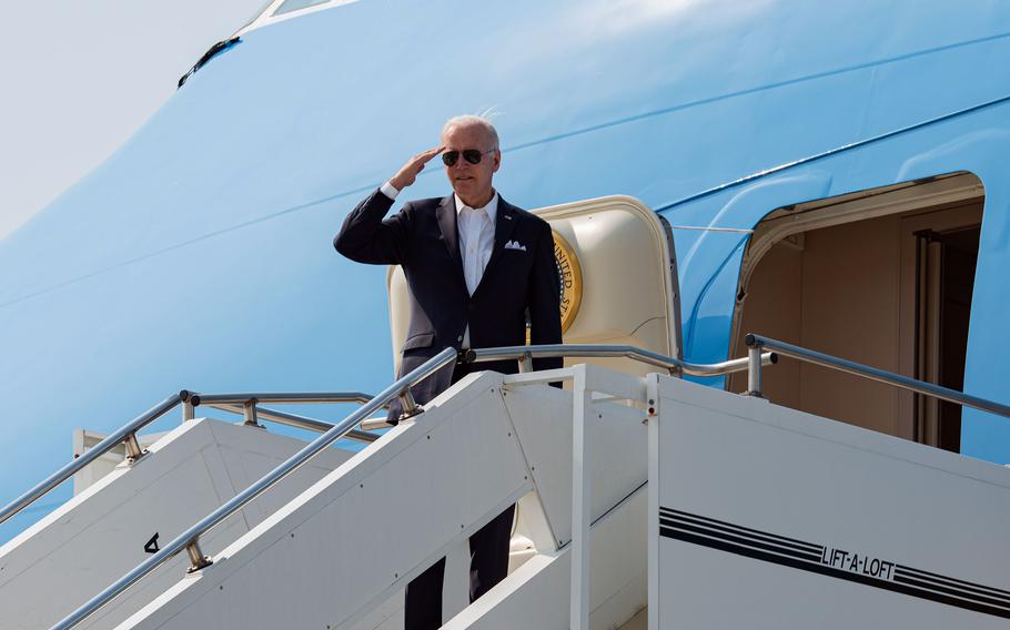 President Joe Biden prepares to board Air Force One at Osan Air Base, South Korea, on May 22, 2022. The White House announced Tuesday that Biden’s Middle East trip will take place July 13-16.