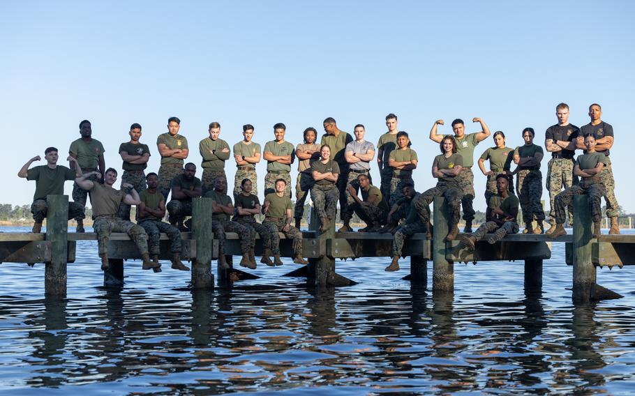 Marines and airmen pose for a group photo 