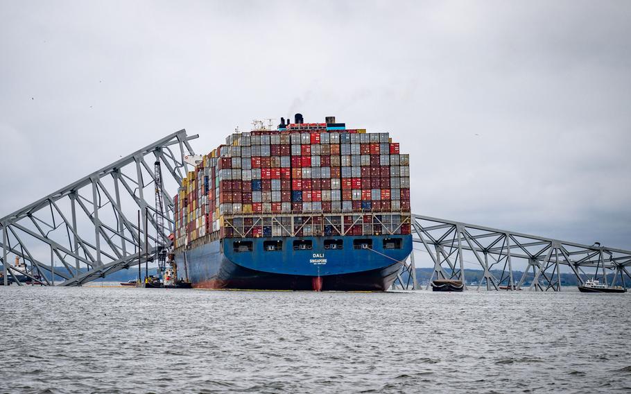 The container ship Dali is seen in the wreckage of Francis Scott Key Bridge on Apr 1, 2024, almost a week after it hit a structural pier causing a subsequent bridge collapse in Baltimore.