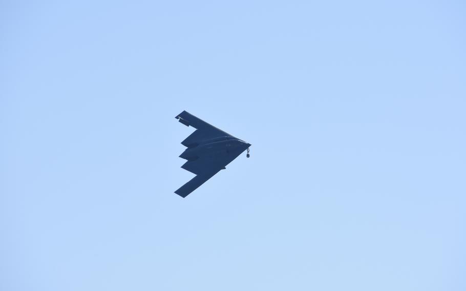 A B-2 Spirit from the 131st Bomb Wing flies over Whiteman Air Force Base, Mo., Feb. 25, 2018. 