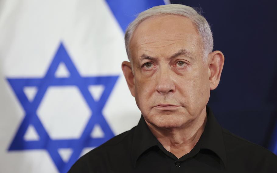Israeli Prime Minister Benjamin Netanyahu attends a press conference in the Kirya military base in Tel Aviv, Israel, on Oct. 28, 2023.