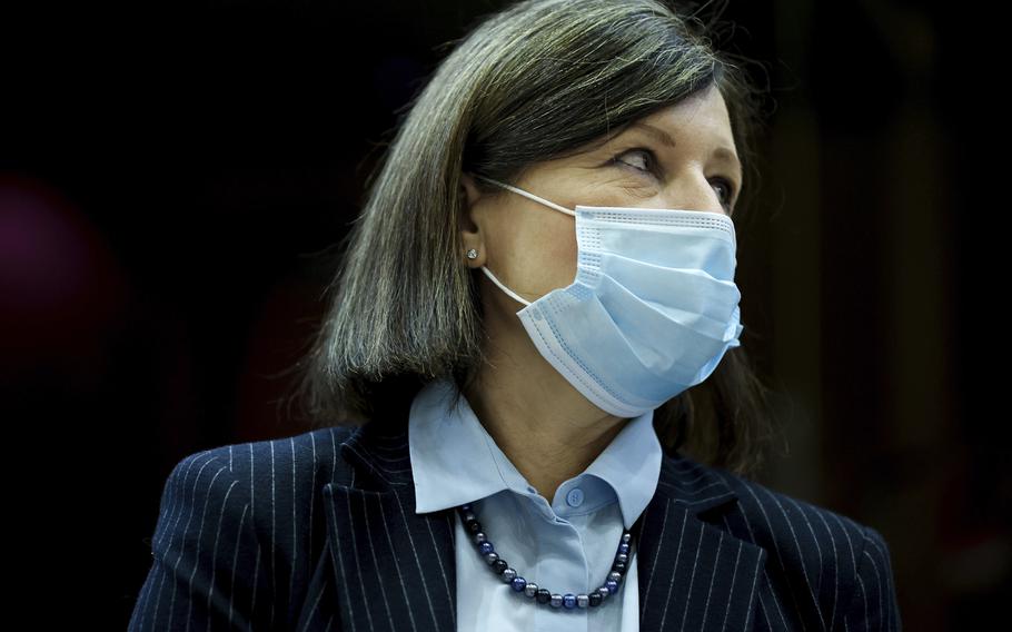 European Commissioner for Values and Transparency Vera Jourova arrives for a meeting of the College of Commissioners at EU headquarters in Brussels, Wednesday, Oct. 27, 2021.