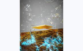 Water droplets suspended in the air fall on the spaghetti-like nanoporous material, generating electricity that flows through the electrodes (yellow rectangle) to power whatever needs powering. MUST CREDIT: Ella Maru Studio photo by Derek Lovely.