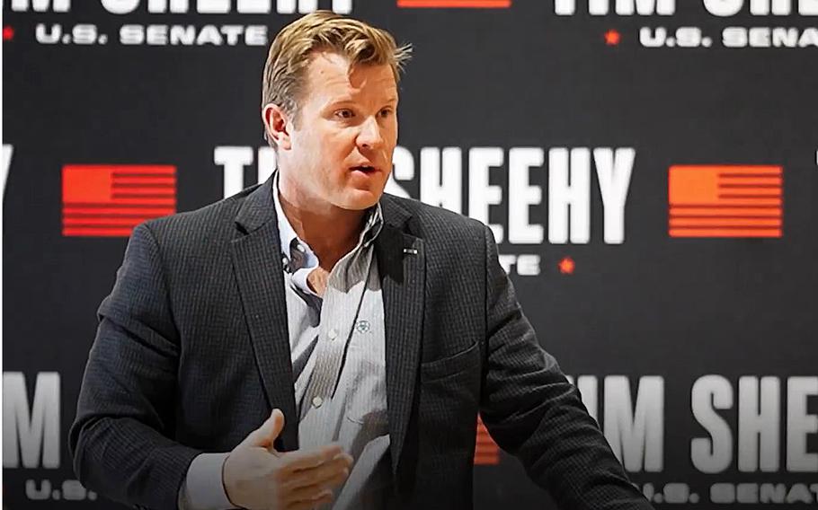 A video screen grab shows Navy SEAL veteran Tim Sheehy speaking at a campaign event posted on April 4, 2024.