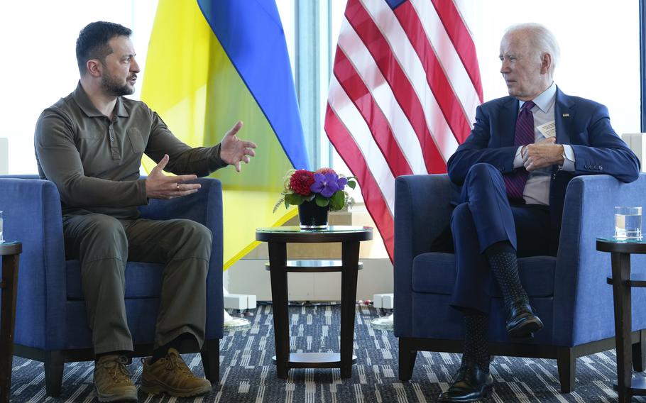 President Joe Biden, right, meets with Ukrainian President Volodymyr Zelenskyy on the sidelines of the G7 Summit in Hiroshima, Japan, Sunday, May 21, 2023.