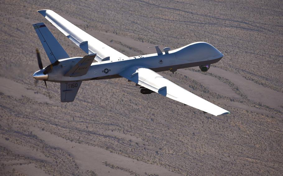 An MQ-9 Reaper flies a training mission over the Nevada Test and Training Range in 2019. A catastrophic fuel leak in a Reaper forced the crew controlling the drone to crash and destroy it last year, somewhere in U.S. Africa Command’s area of responsibility. 