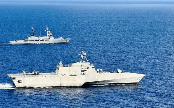 The littoral combat ship USS Gabrielle Giffords, front, trains in the South China Sea with the Philippine patrol vessel BRP Gregorio del Pilar, Feb. 9, 2024.